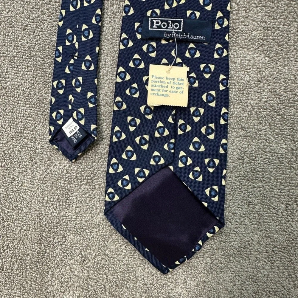 NWT Polo Ralph Lauren Silk Tie Navy Blue Geometric Eye Pattern Vintage USA Made